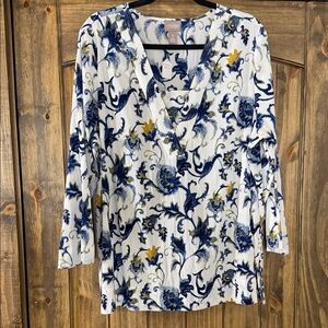 Chico's Floral V-Neck Blouse - Blue and Yellow